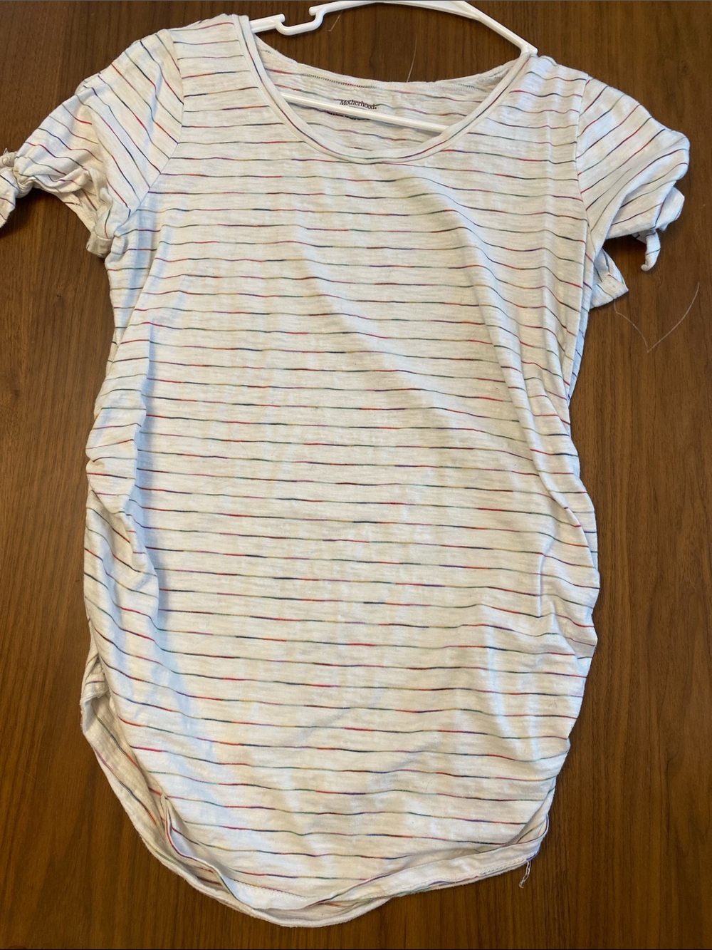 Motherhood Maternity White Short Sleeve Tee with Multicolor Thin Stripes